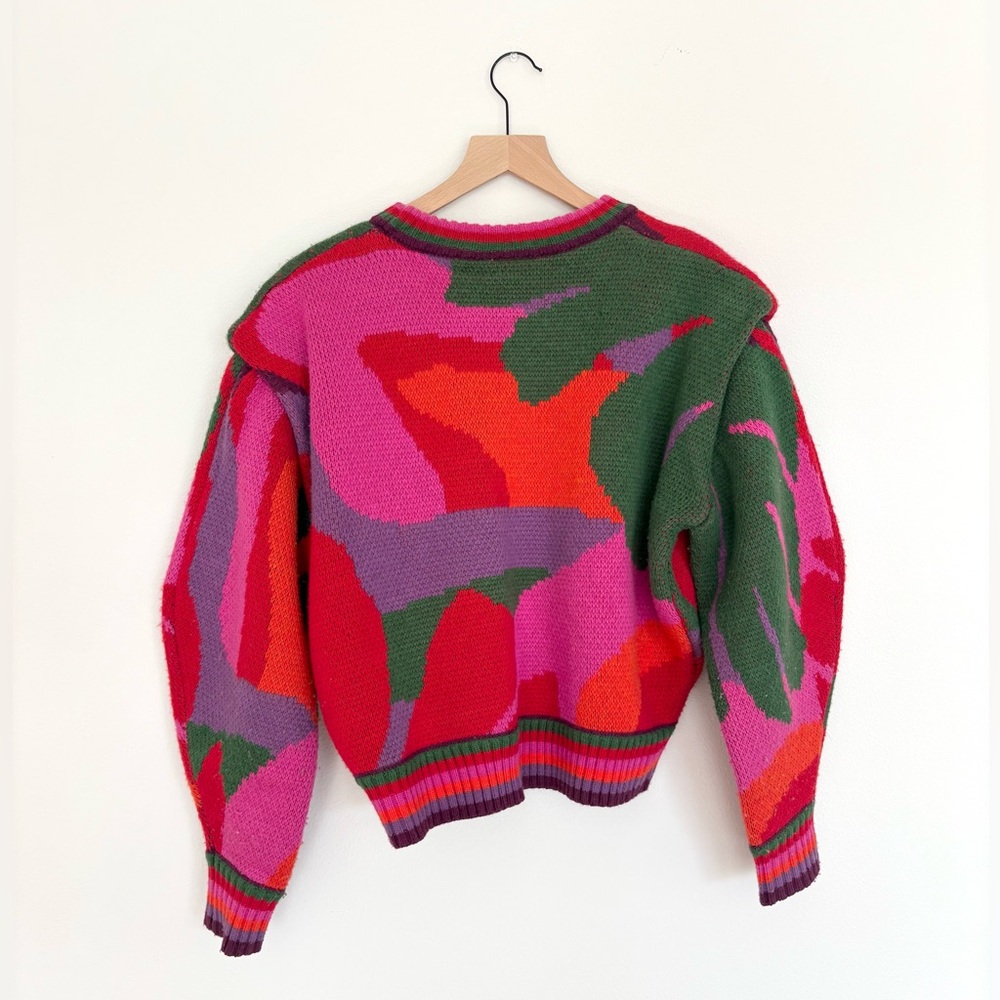 farm rio colorful abstract sweater - merino wool blend pink red green - XS/S euc - Picture 5 of 11